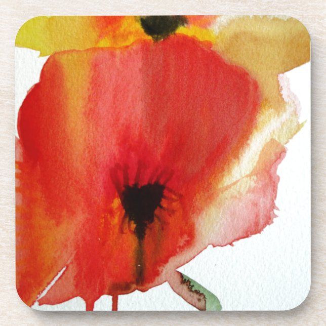 Red Poppies watercolour modern floral art Coaster (Front)
