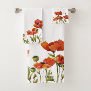 Red Poppies waving in the breeze watercolor 2 Bath Towel Set