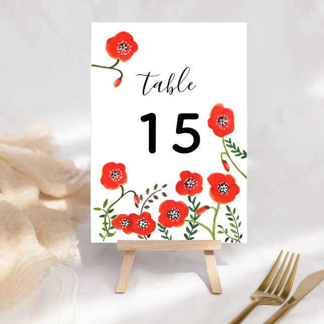 Red Poppies Wedding Table Number Floral Card (Red poppies modern floral wedding table number)
