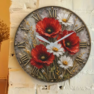 Red Poppies & White Daisies Elegant Wildflower Art Large Clock