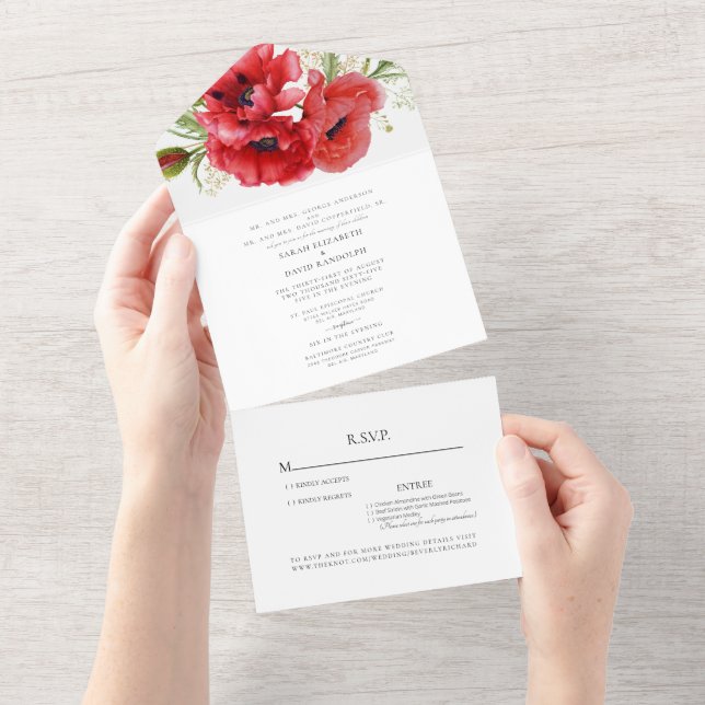 Red Poppies White Two Venue Wedding  All In One Invitation (Tearaway)
