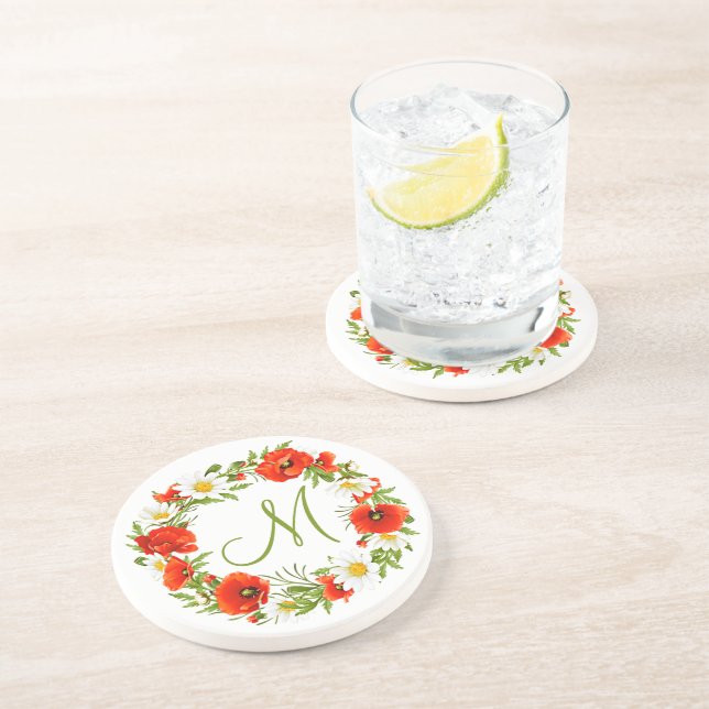 Red Poppies White Yellow Daisies Flower Wreath Coaster (Side)