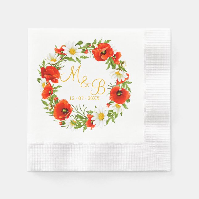 Red Poppies White Yellow Daisies Flower Wreath Napkin (Front)