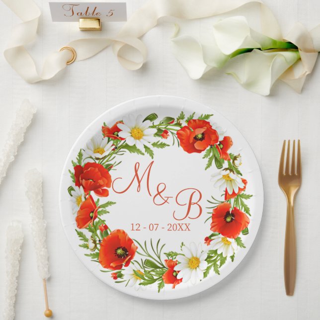 Red Poppies White Yellow Daisies Flower Wreath Paper Plate (Wedding)