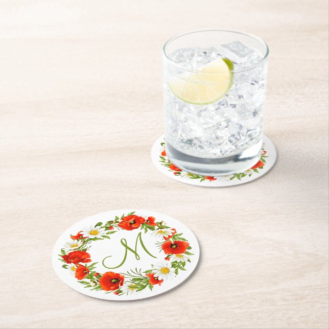 Red Poppies White Yellow Daisies Flower Wreath Round Paper Coaster (Insitu)