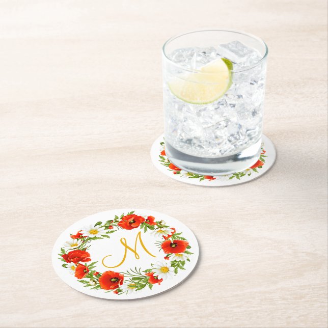 Red Poppies White Yellow Daisies Flower Wreath Round Paper Coaster (Insitu)