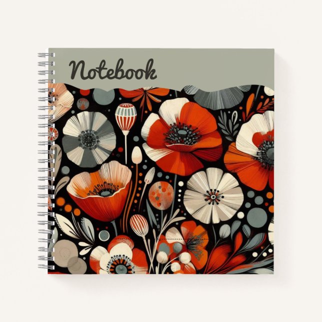 Red Poppies with Ash Grey Accents, Bold Floral Top Notebook (Front)