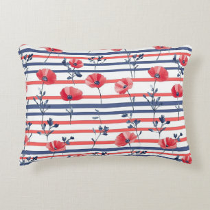 Red Poppies with Blue Leaves and Striped Pattern 2 Accent Pillow