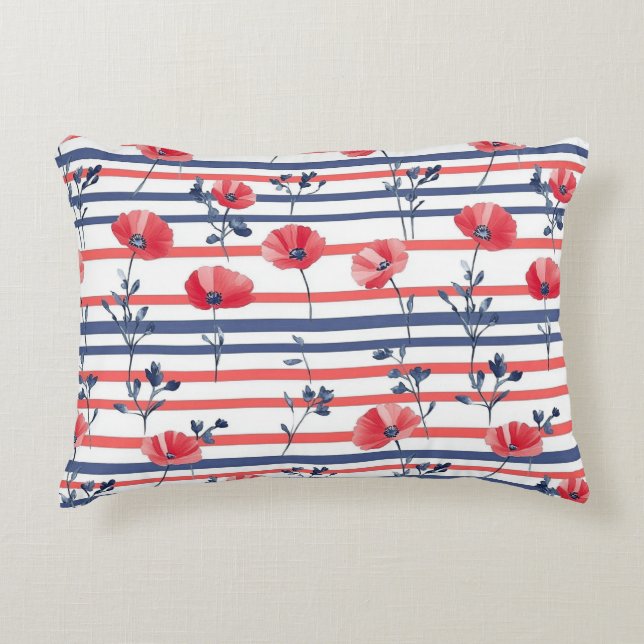 Red Poppies with Blue Leaves and Striped Pattern 2 Accent Pillow (Front)