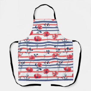 Red Poppies with Blue Leaves and Striped Pattern 2 Apron