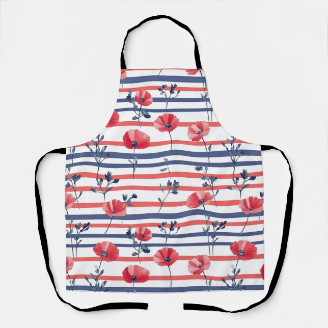 Red Poppies with Blue Leaves and Striped Pattern 2 Apron (Front)