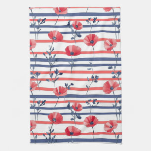 Red Poppies with Blue Leaves and Striped Pattern 2 Kitchen Towel
