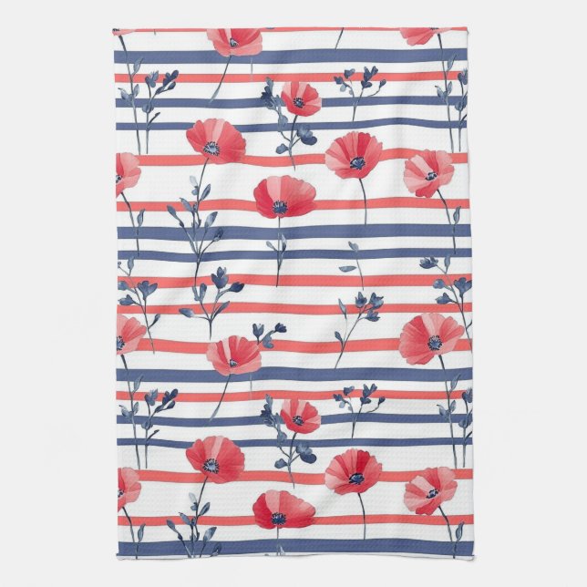 Red Poppies with Blue Leaves and Striped Pattern 2 Kitchen Towel (Vertical)