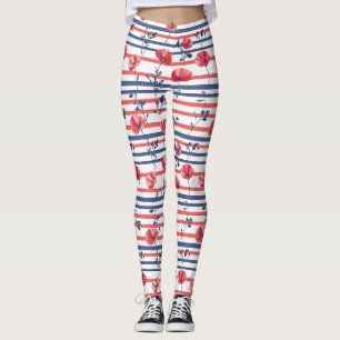 Red Poppies with Blue Leaves and Striped Pattern 2 Leggings