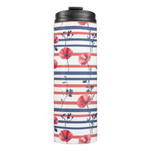 Red Poppies with Blue Leaves and Striped Pattern 2 Thermal Tumbler