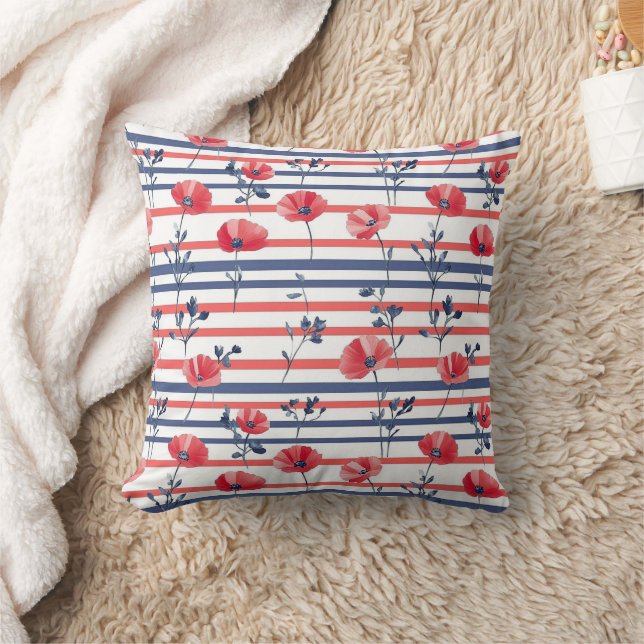 Red Poppies with Blue Leaves and Striped Pattern 2 Throw Pillow (Blanket)