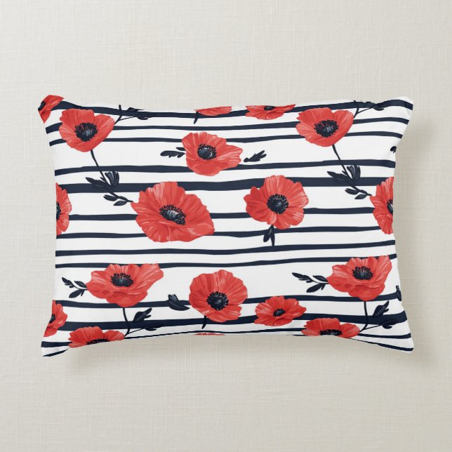 Red Poppies with Blue Leaves and Striped Pattern 3 Accent Pillow (Front)