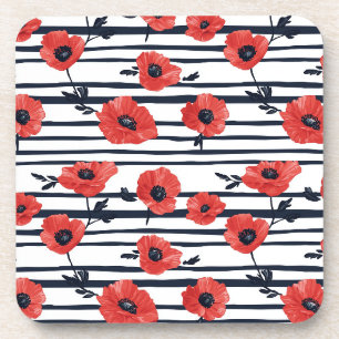 Red Poppies with Blue Leaves and Striped Pattern 3 Coaster