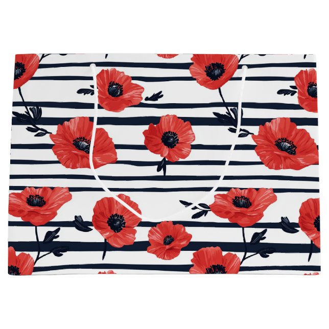 Red Poppies with Blue Leaves and Striped Pattern 3 Large Gift Bag (Front)