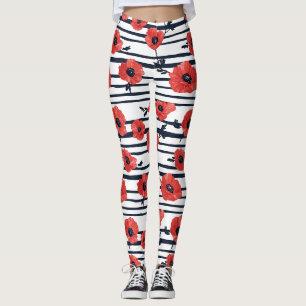 Red Poppies with Blue Leaves and Striped Pattern 3 Leggings