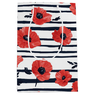 Red Poppies with Blue Leaves and Striped Pattern 3 Medium Gift Bag