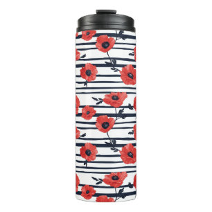 Red Poppies with Blue Leaves and Striped Pattern 3 Thermal Tumbler