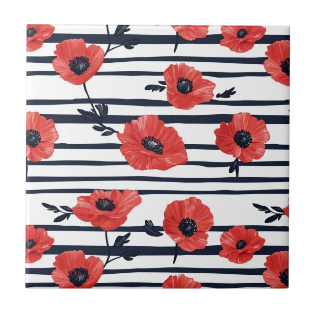 Red Poppies with Blue Leaves and Striped Pattern 3 Tile (Front)
