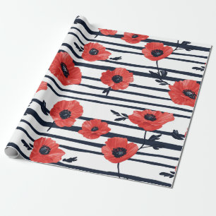 Red Poppies with Blue Leaves and Striped Pattern 3 Wrapping Paper