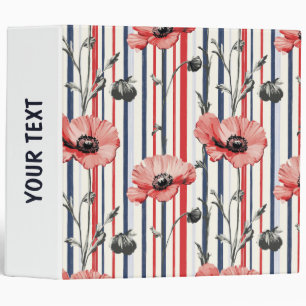 Red Poppies with Blue Leaves and Striped Pattern Binder