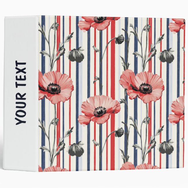 Red Poppies with Blue Leaves and Striped Pattern Binder (Front/Spine)