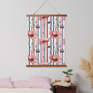 Red Poppies with Blue Leaves and Striped Pattern Hanging Tapestry