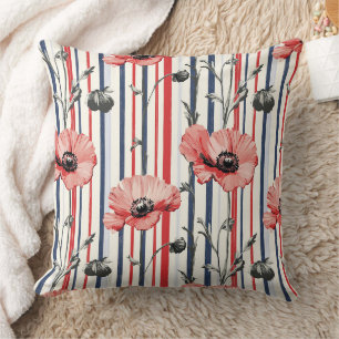 Red Poppies with Blue Leaves and Striped Pattern Throw Pillow