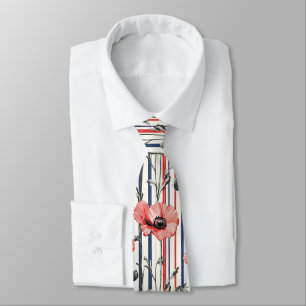 Red Poppies with Blue Leaves and Striped Pattern Tie