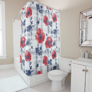 Red Poppies with Blue Leaves on Blue Chequered