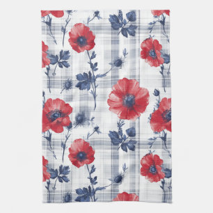 Red Poppies with Blue Leaves on Blue Chequered Kitchen Towel