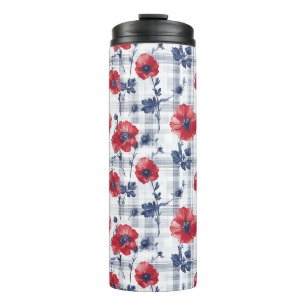 Red Poppies with Blue Leaves on Blue Chequered Thermal Tumbler