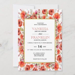 Red Poppies with Gold Frame Wedding Invitation
