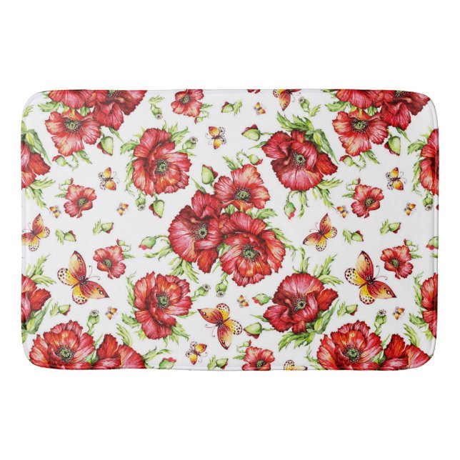 Red Poppies with Green Foliage on White Background Bath Mat (Front)