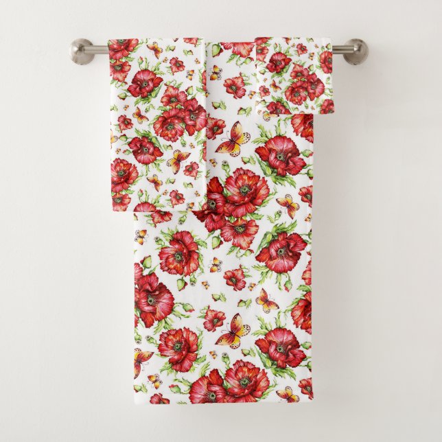 Red Poppies with Green Foliage on White Background Bath Towel Set (Insitu)
