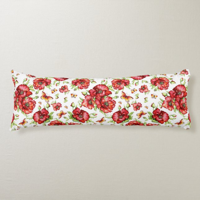 Red Poppies with Green Foliage on White Background Body Pillow (Front)