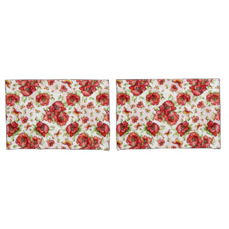 Red Poppies with Green Foliage on White Background Pillowcase