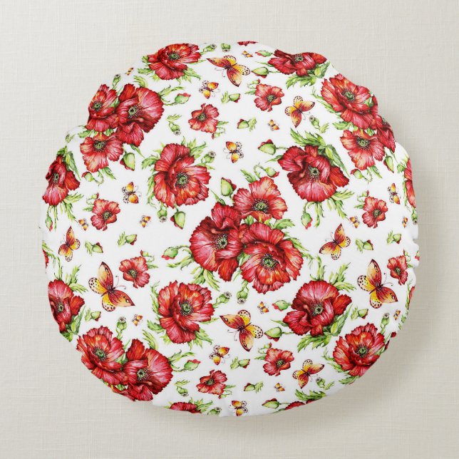 Red Poppies with Green Foliage on White Background Round Pillow (Front)