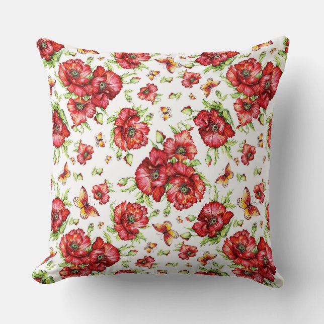 Red Poppies with Green Foliage on White Background Throw Pillow (Front)