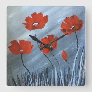 Red Poppies with Grey Background  Square Wall Clock