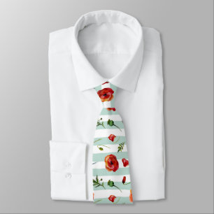 Red Poppies With Pastel Blue & White Stripes Tie