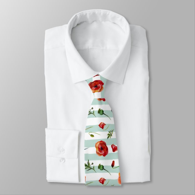 Red Poppies With Pastel Blue & White Stripes Tie (Tied)