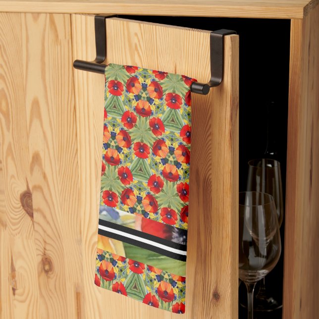 Red poppy all over mix n match painted design kitchen towel (Thirds Fold)