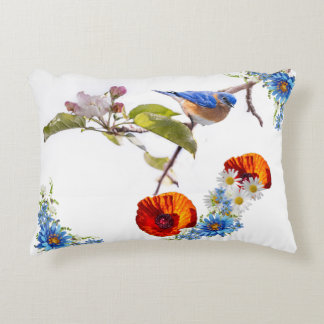 Red poppy and bird accent pillow