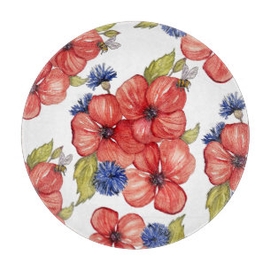 Red Poppy and Blue Cornflower Watercolor Cutting Board