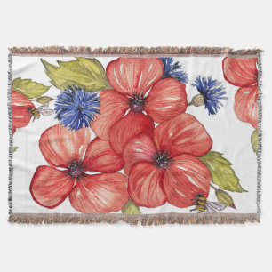 Red Poppy and Blue Cornflower Watercolor Throw Blanket